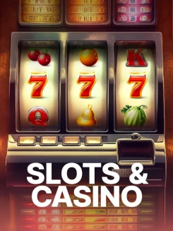Tarjeta de slots de casino con brillo neón y estilo de tragamonedas moderno